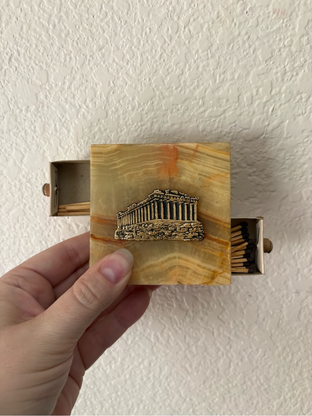 Vintage Onyx Matchstick Box with Gold Parthenon Accent